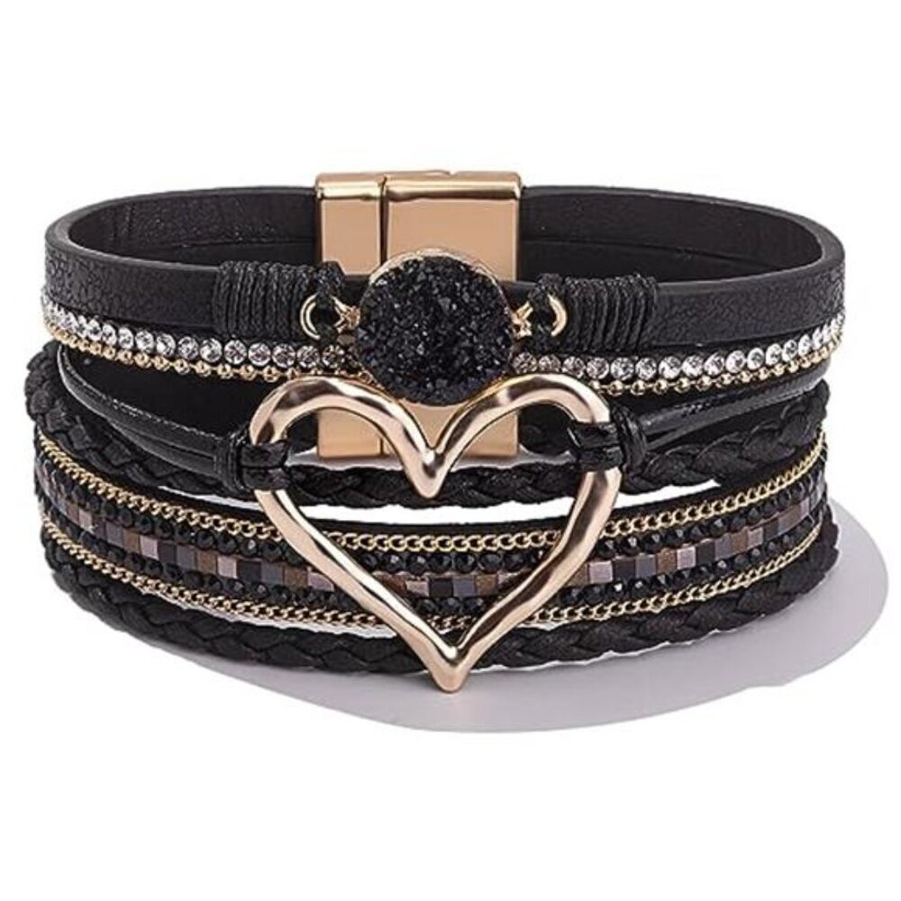 Boho Leather Wrap Bracelet Stackable Heart Magnetic Cuff
